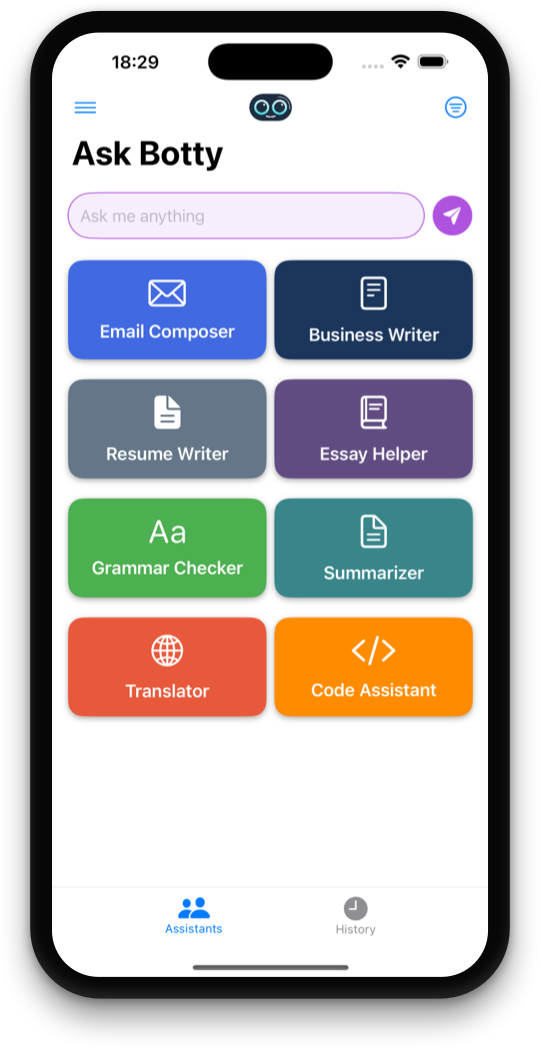 Ask Botty iOS app main screen showing the chat interface with AI assistant