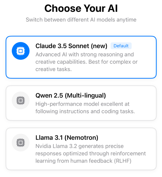 AI model selection interface displaying Claude 3.5, Qwen, and Llama options